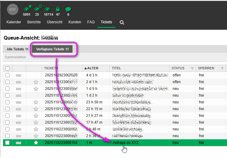 Figure 2: “Available tickets” view and opening a ticket